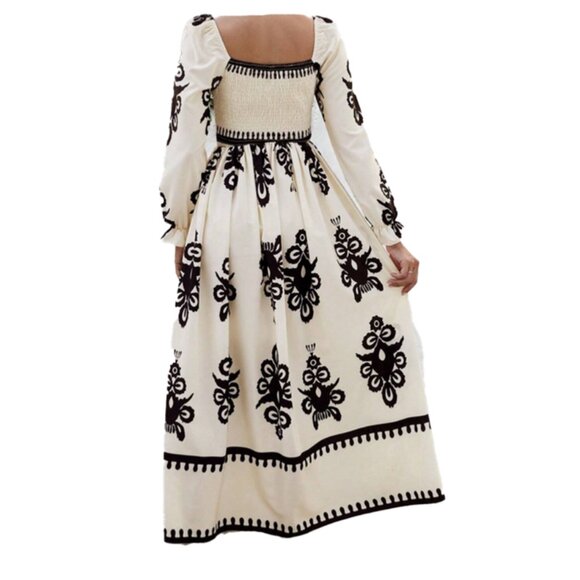 NEW Boho Print Lantern Sleeve Maxi Dress in Cream / Black Size S NWOT - Picture 2 of 12
